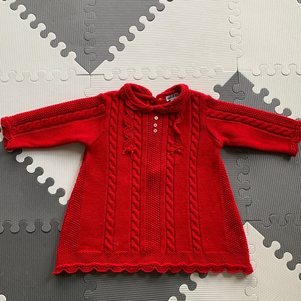 Sarah Louise - red knitted sweater dress for baby girl- 12 months